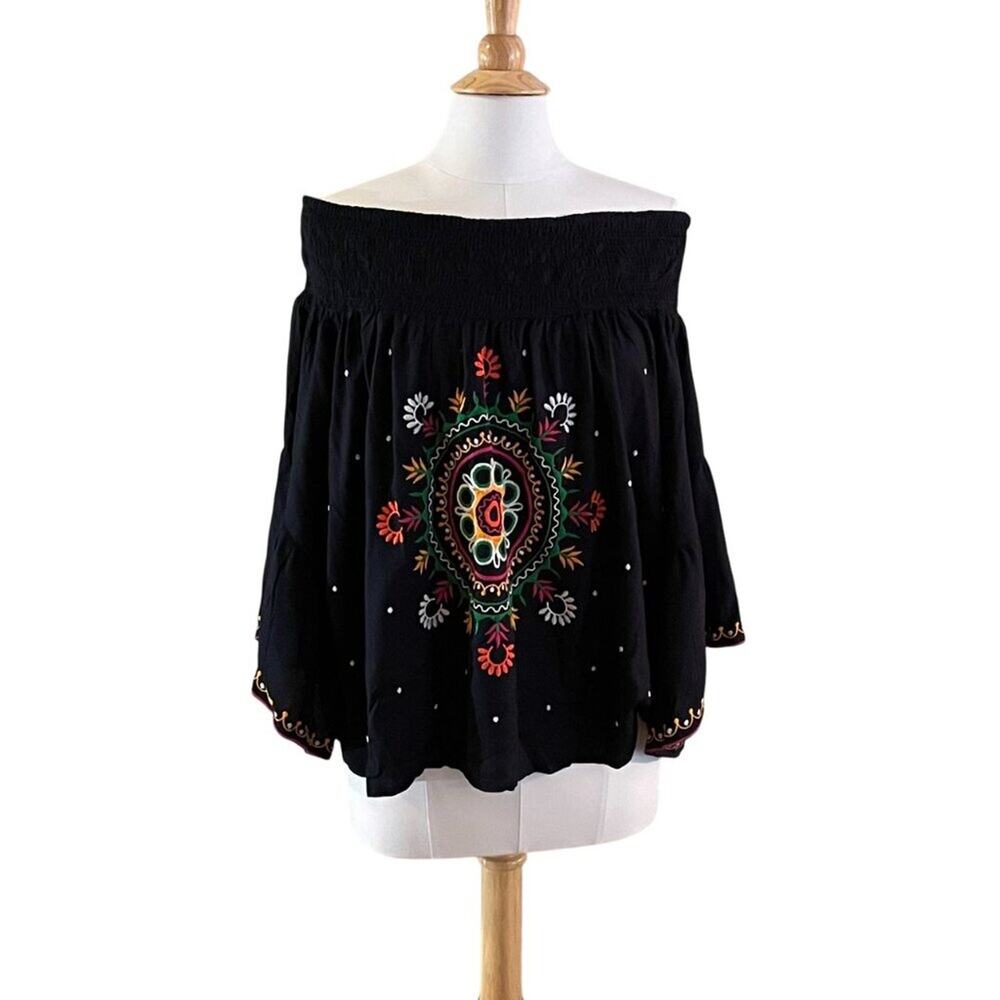 Mudpie Black Embroidered Floral Bell Sleeve Smocked Peasant Blouse, Boho, Size L